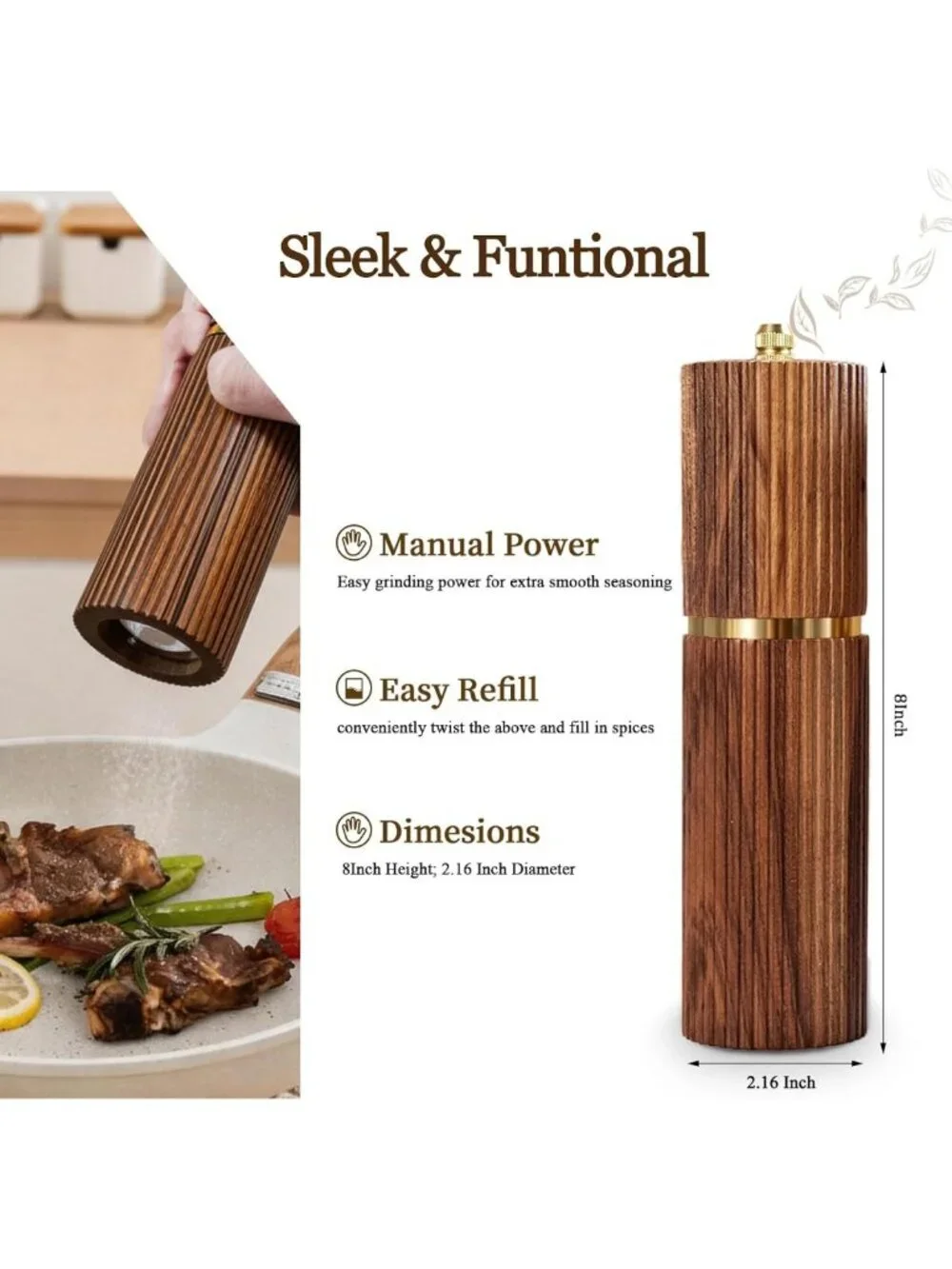 2 Pack Acacia Wood Salt & Pepper Grinder Set - Stylish 8-Inch Mills for Kitchen